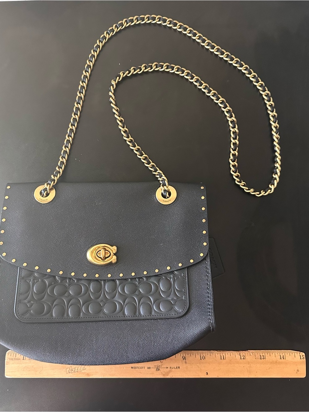 Coach Black Leather Crossbody with Gold Chain and Studs